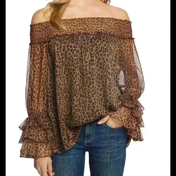 Ce Ce Womens Leopard Blouse Off The Shoulder Ruffle Long Sleeve Hi Low XS - Picture 1 of 8